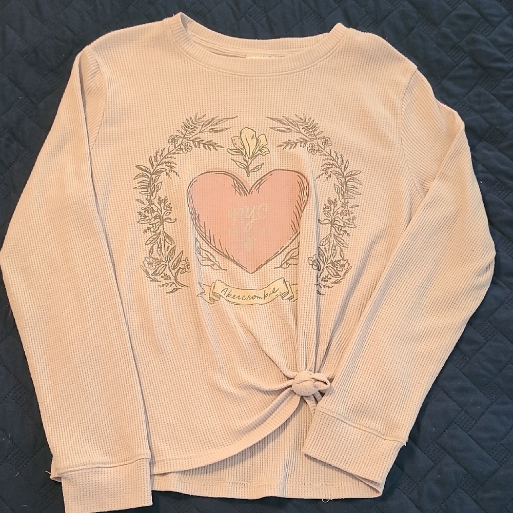 Abercrombie Kids, Purpleish Gray Graphic Long Sleeve Waffle Top with Knot Detail